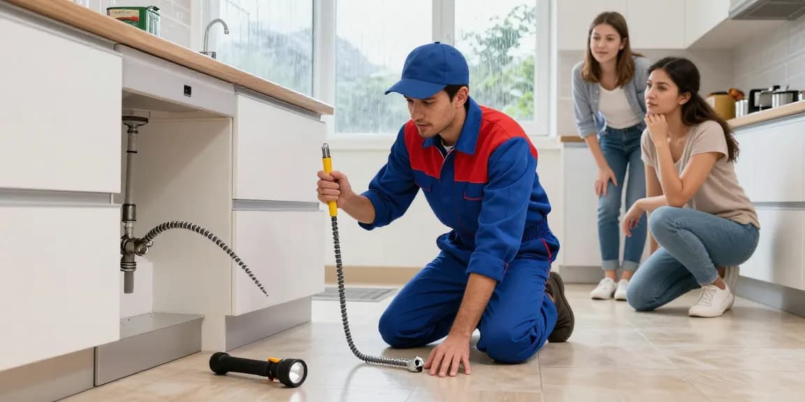 Blocked drain repairs London with emergency plumber assisting family at home.