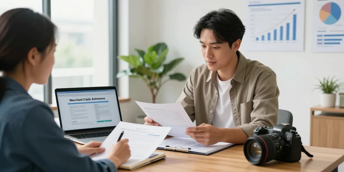 Business owner discussing merchant cash advance options with an advisor in a modern office