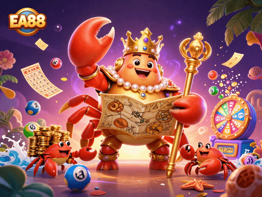 Engage in gaming thrills with EA88's vibrant scene of a golden crab emperor and luxury gambling elements.
