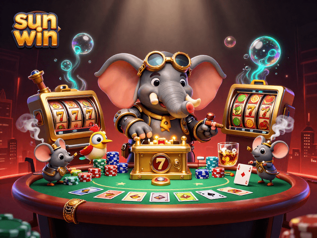 Engaging scene of a steampunk elephant engineering the sun win slot machine with poker elements.