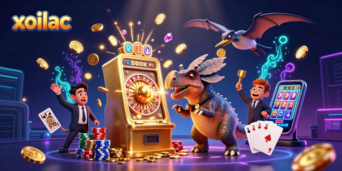 Experience the excitement of xoilac with treasure-filled slots and dynamic casino action illustrated in vibrant detail.