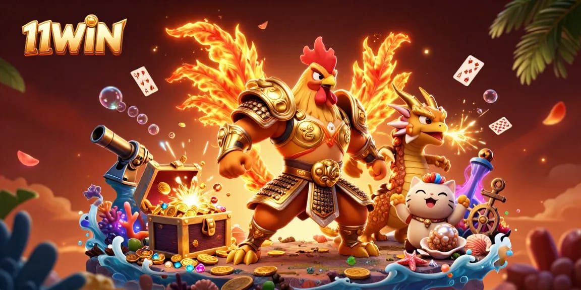Engage in thrilling games with 11WIN's fighting rooster and dragon in a vibrant casino illustration.