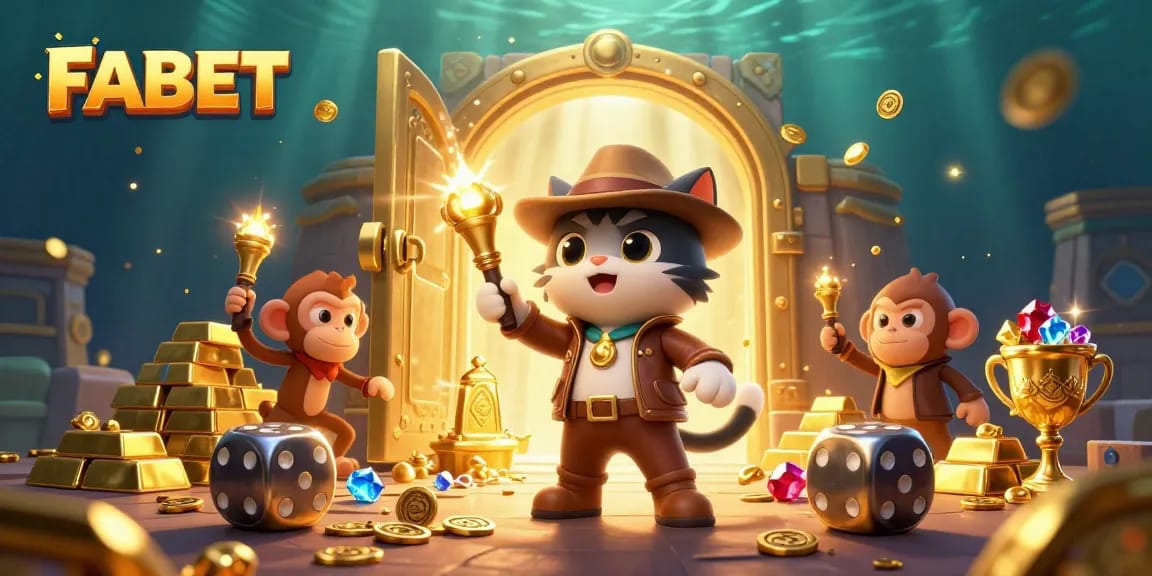 FABET reveals exciting treasures in a dynamic casino adventure illustration filled with gold and gems.