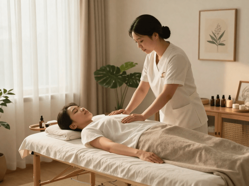 인덕원출장마사지 delivered by a professional therapist in a tranquil home setting with warm lighting.