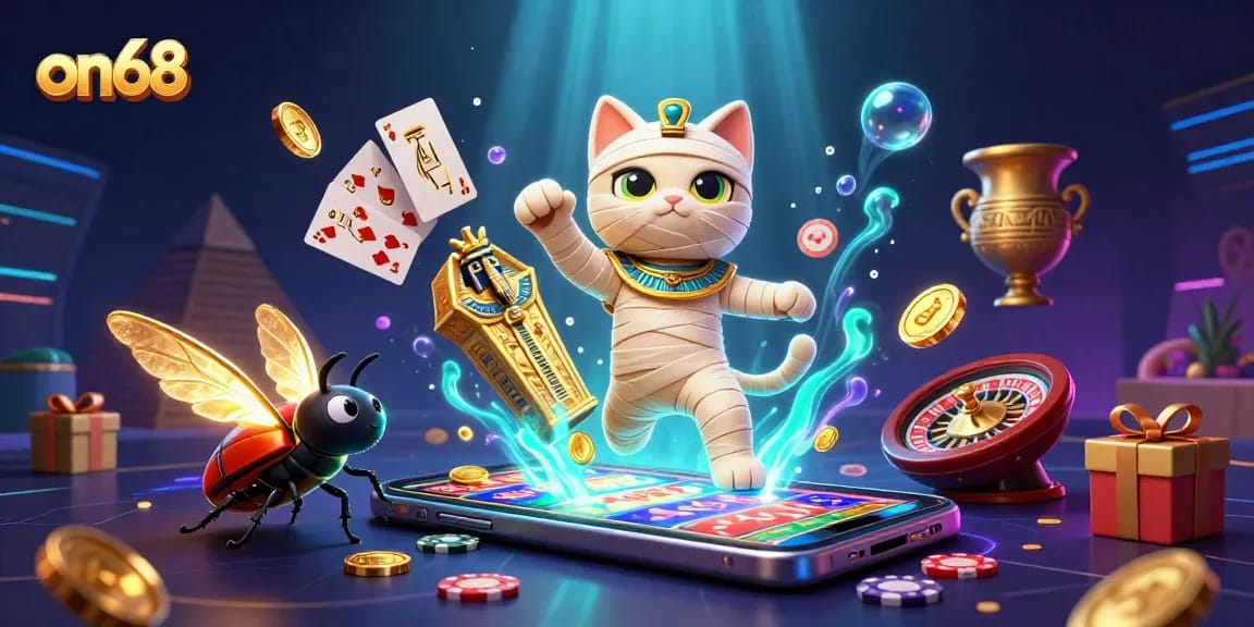 Experience thrilling gaming adventures at on68 in a 3D illustrated casino scene with captivating characters.
