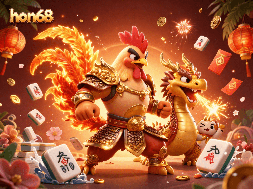 Experience exciting action at hon68 with the powerful dragon and rooster warriors in a vibrant casino scene.