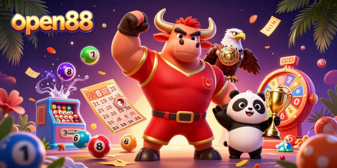 Experience excitement with open88's dynamic lottery game scene featuring colorful elements and vibrant mascots.