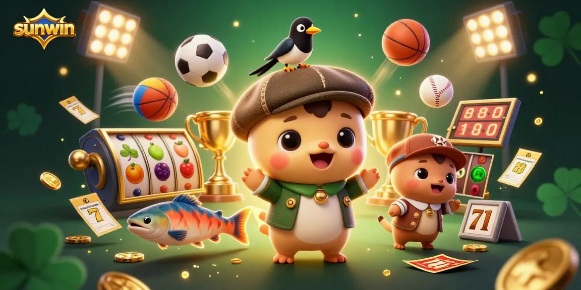 Win big with sunwin in this vibrant 3D scene featuring cute characters and dynamic gaming elements.