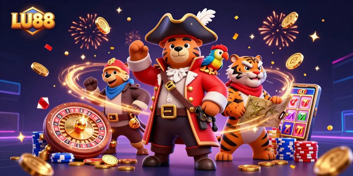 LU88 pirate bear and tiger in casino scene with dynamic elements and festive effects