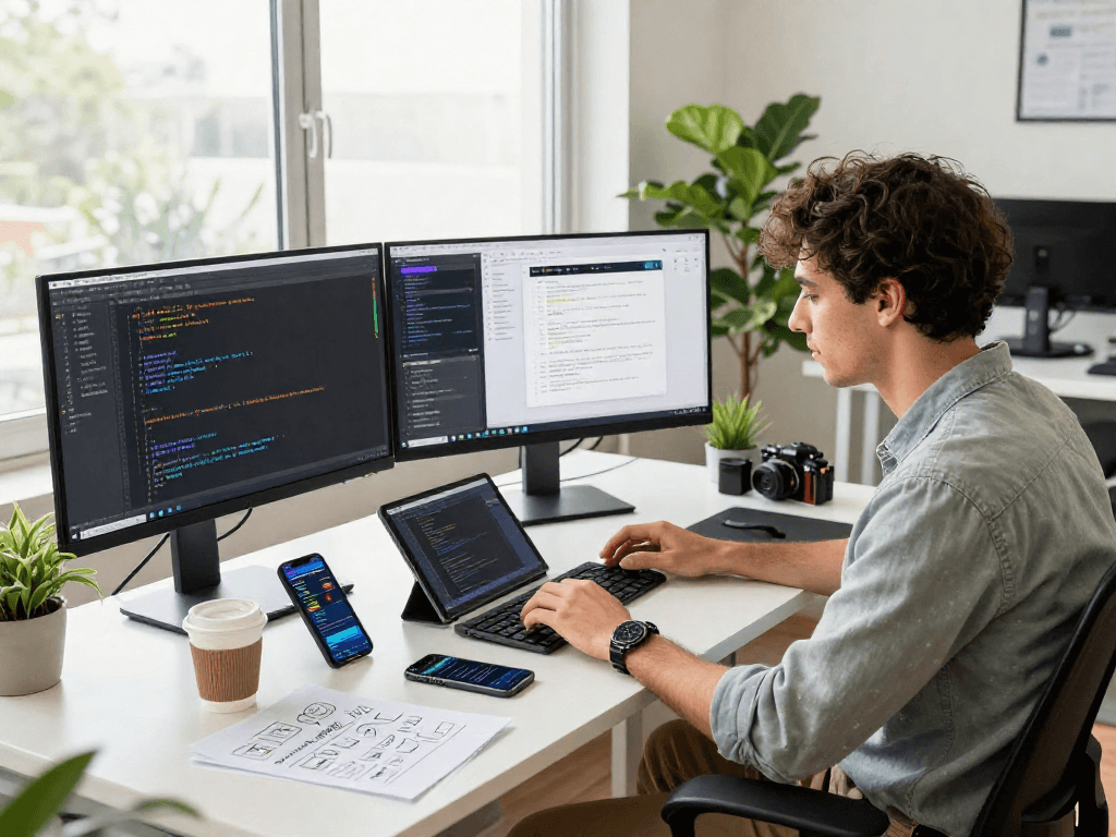 Explore a dynamic tech workspace featuring nsfw ai development, showcasing a developer coding at a modern desk with multiple screens and gadgets.