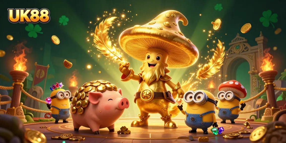 Engage with UK88's exciting treasure hunting 3D scene of a wizard and magical creatures.