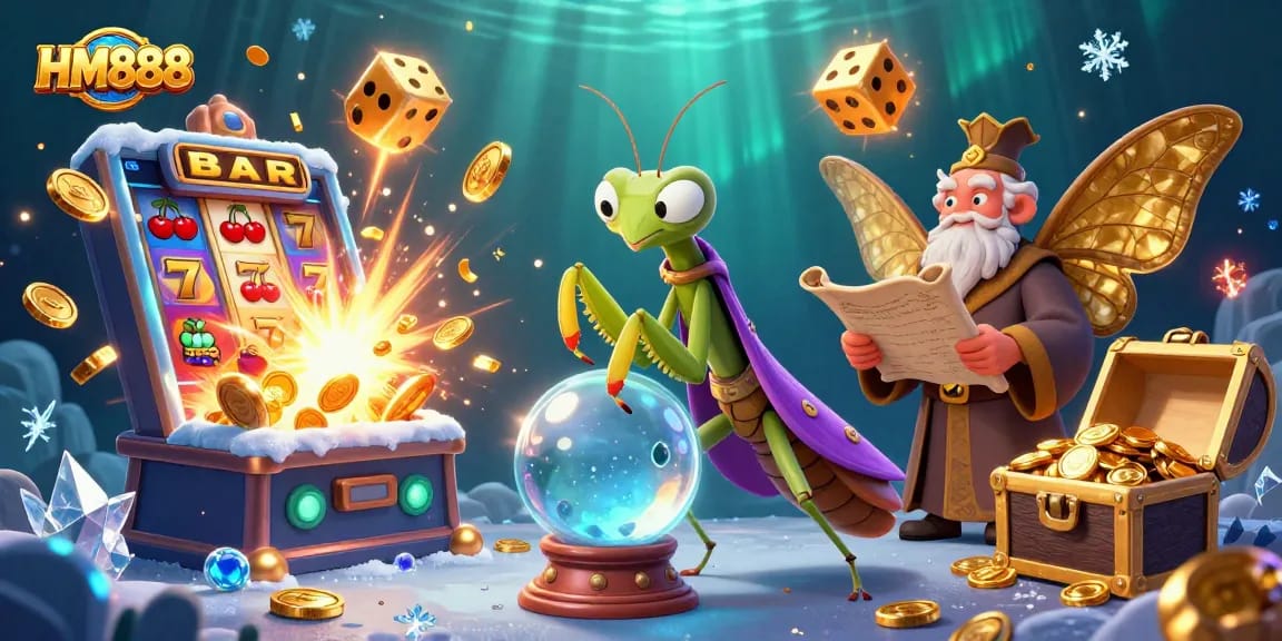 Experience dynamic gaming action with HM888 in this vibrant 3D illustration featuring fortune tellers and slot machines.