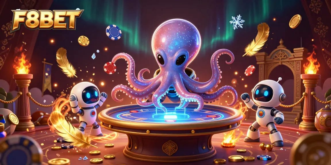 Experience thrilling gameplay at F8BET with an alien octopus running a holographic poker table.