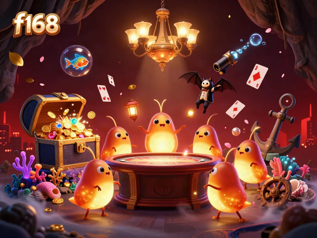 Experience the vibrant f168 casino scene with glowing elements, treasure, and a unique bat dealer in a captivating environment.