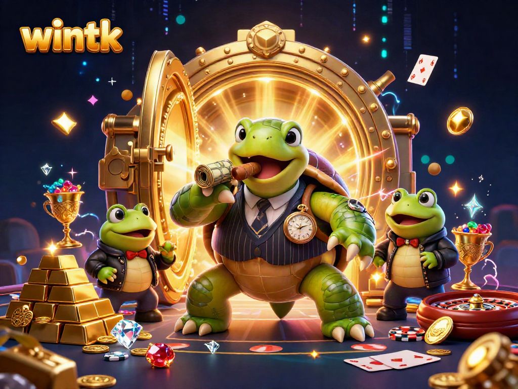 Experience the thrill of wintk casino with a snapping turtle in a vintage suit lighting up the night.