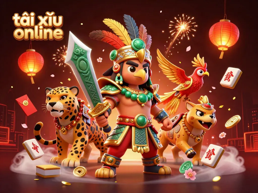 Experience the thrill of tài xỉu online with dynamic Aztec warriors surrounded by vibrant casino elements.