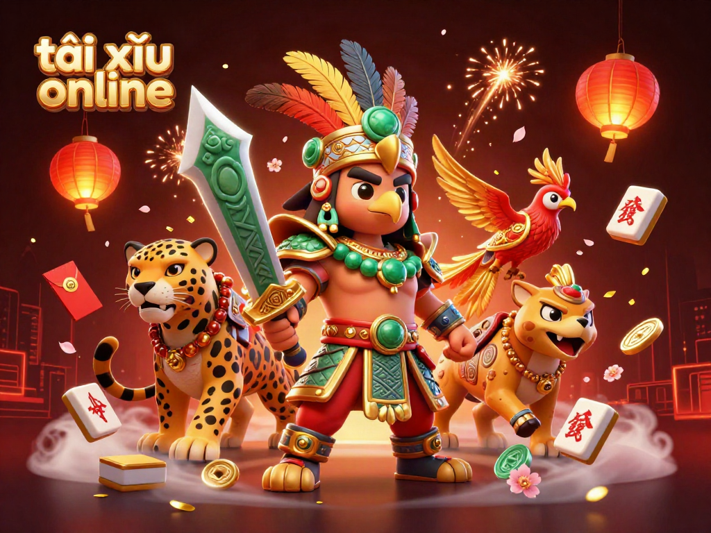 Experience the thrill of tài xỉu online with dynamic Aztec warriors surrounded by vibrant casino elements.