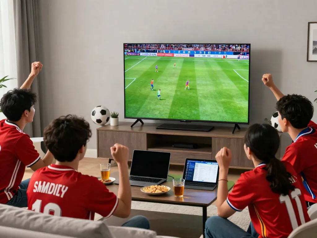 Socolive viewers enjoying a thrilling football match with live stats and team jerseys.