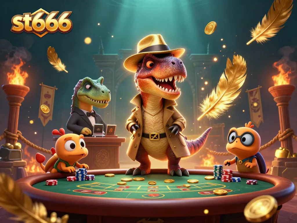 st666 velociraptor card counter at blackjack table with stegosaurus pit boss and compy pickpocket among vibrant casino elements