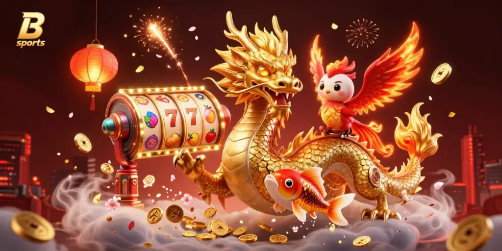 B sports showcases exciting slot games with vibrant characters and gold coins amid a colorful casino setting.