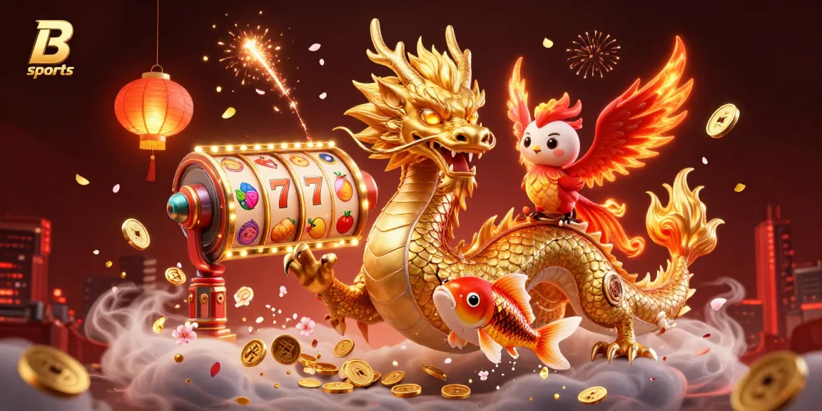 B sports showcases exciting slot games with vibrant characters and gold coins amid a colorful casino setting.
