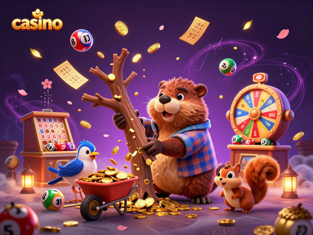 Experience the exciting casino world with a lively scene featuring a beaver, bird, and squirrel.