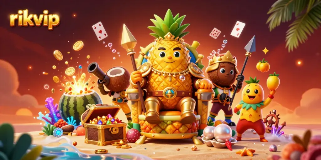 Join the vibrant excitement of rikvip with thrilling casino characters in a peak 3D illustration.