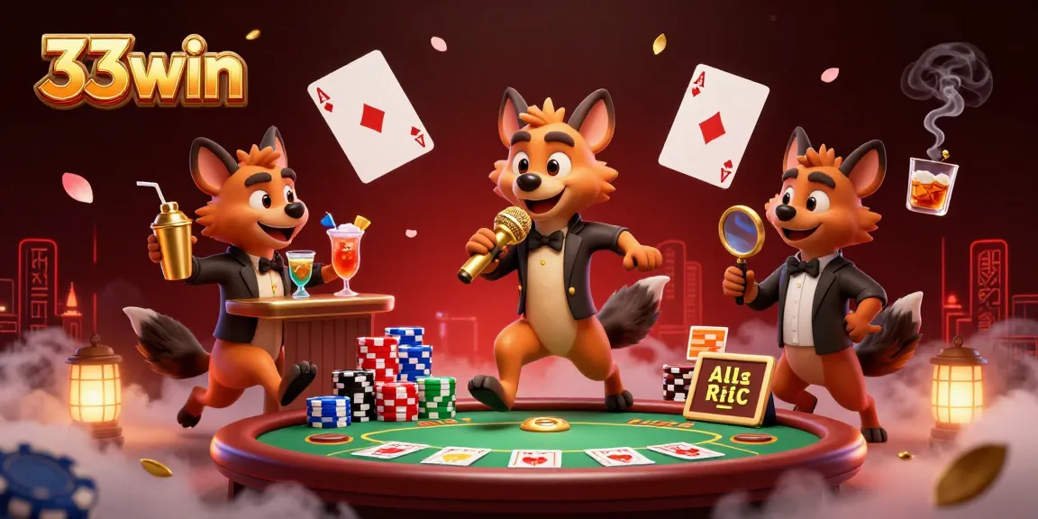 Join the fun at 33win with hyenas showcasing poker gameplay and vibrant casino energy.