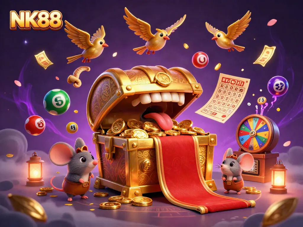 Win big with NK88's vibrant lottery scene featuring adventurous mice and dynamic gaming elements.