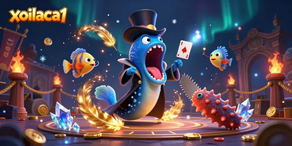 Watch the bioluminescent eel and anglerfish create exciting card tricks at xoilaca1's magical casino arena.