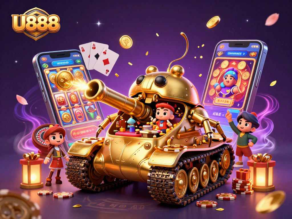 Experience the excitement of U888 with a dynamic casino scene featuring golden tank and mobile games