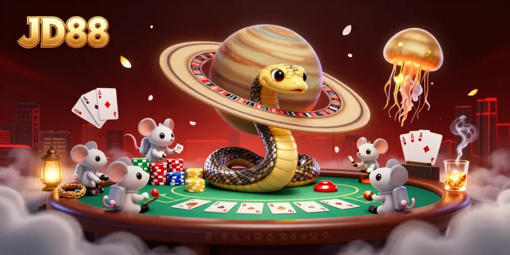 Place your bets with JD88 in a vibrant cosmic casino scene featuring playful astronaut mice.