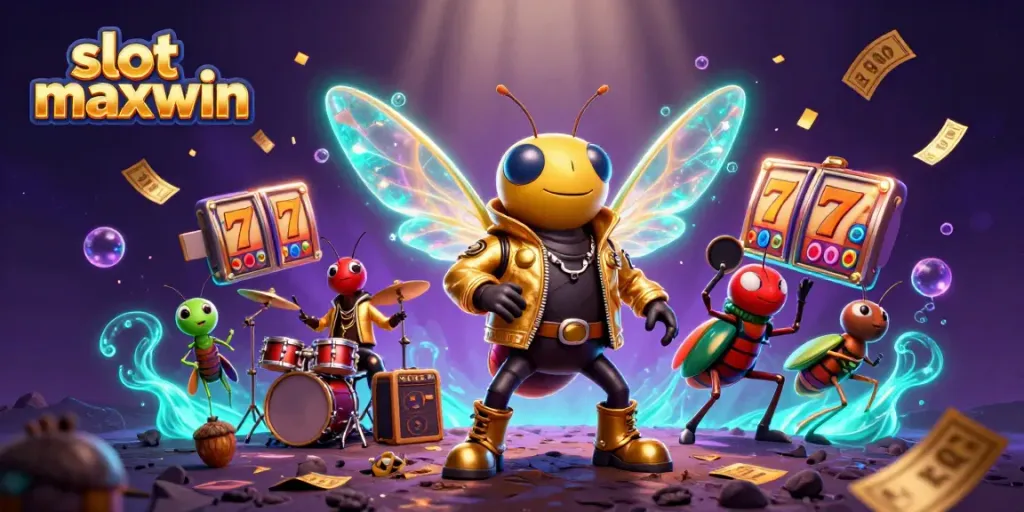 Experience the excitement of slot maxwin with a dynamic casino-themed illustration featuring vibrant game elements.