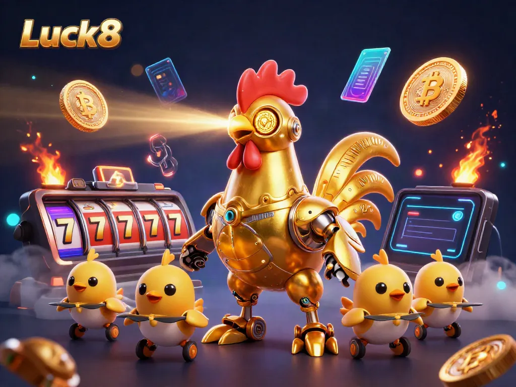 Experience fun at Luck8 with a golden rooster robot explores the gaming world filled with slot reels and crypto
