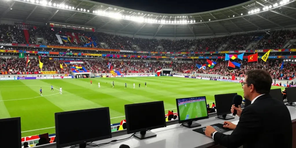 Thapcamtv enthusiastically covering a live football match with fans and players engaged in an exciting atmosphere.