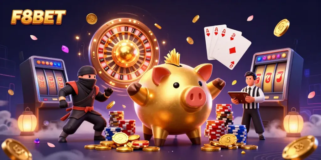 Experience the thrill of F8BET with dynamic characters, golden coins, and vibrant casino elements.