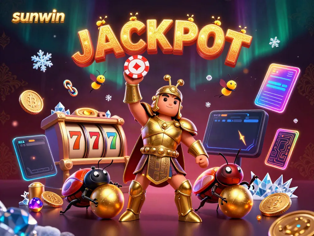 Win big with Sunwin's vibrant casino scene featuring Hercules and friends celebrating a jackpot.