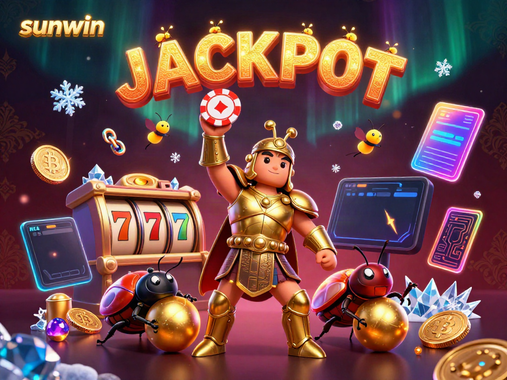 Win big with Sunwin's vibrant casino scene featuring Hercules and friends celebrating a jackpot.