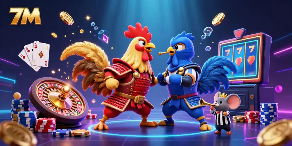 Experience thrilling action with 7M's fighting roosters, vibrant casino elements, and dynamic gameplay in this captivating scene.