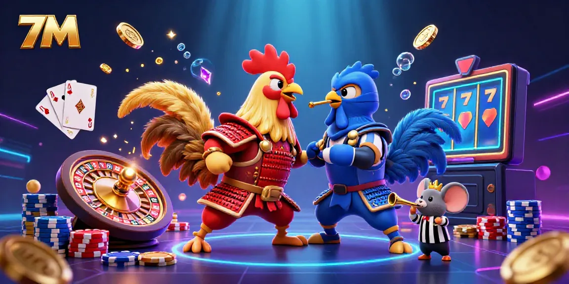 Experience thrilling action with 7M's fighting roosters, vibrant casino elements, and dynamic gameplay in this captivating scene.