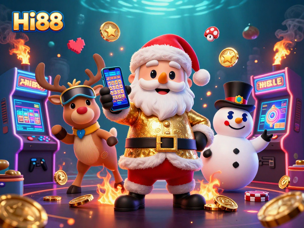 Join the excitement at Hi88 with Santa, his reindeer dealer, and a poker chip snowman!