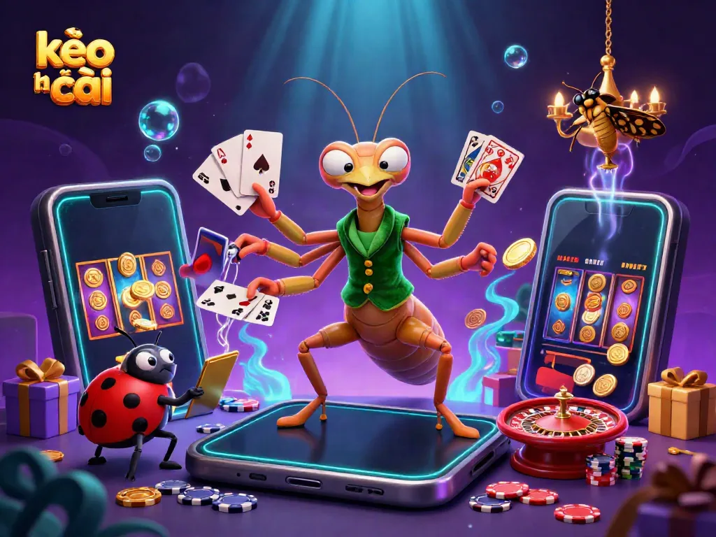 Engage in kèo nhà cái excitement with a giant praying mantis dealer and ladybug pit boss in a vibrant casino scene.
