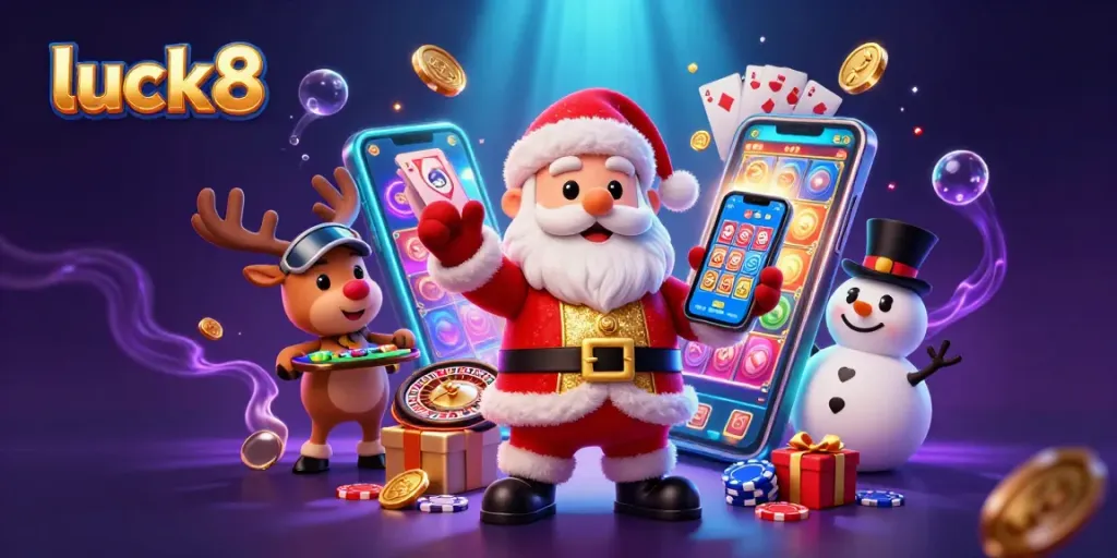 Experience the excitement of luck8 with Santa celebrating a jackpot in a vibrant casino scene.