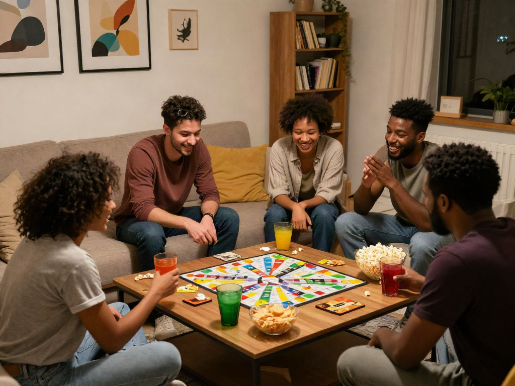 Friends enjoying a lively sex game night in a cozy living room filled with laughter.
