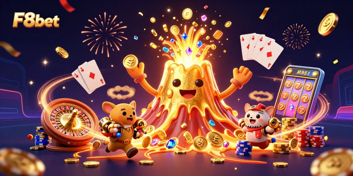 F8bet unleashes a triumphant golden volcano erupting treasure in a thrilling casino scene.
