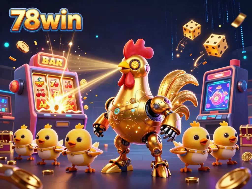 Experience the excitement of 78win with a vibrant 3D casino illustration featuring a futuristic rooster and casino elements.