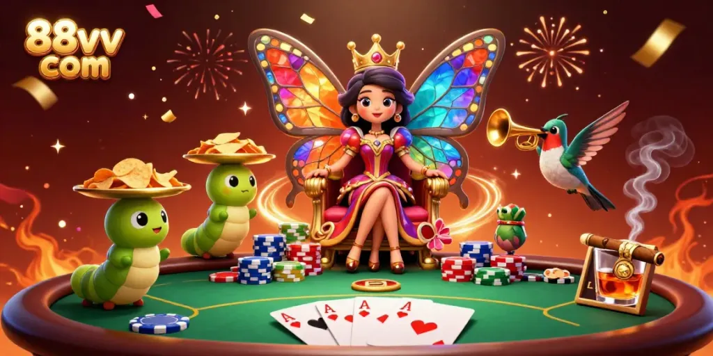Experience the vibrant casino scene with 88vv com featuring a butterfly queen surrounded by poker elements.