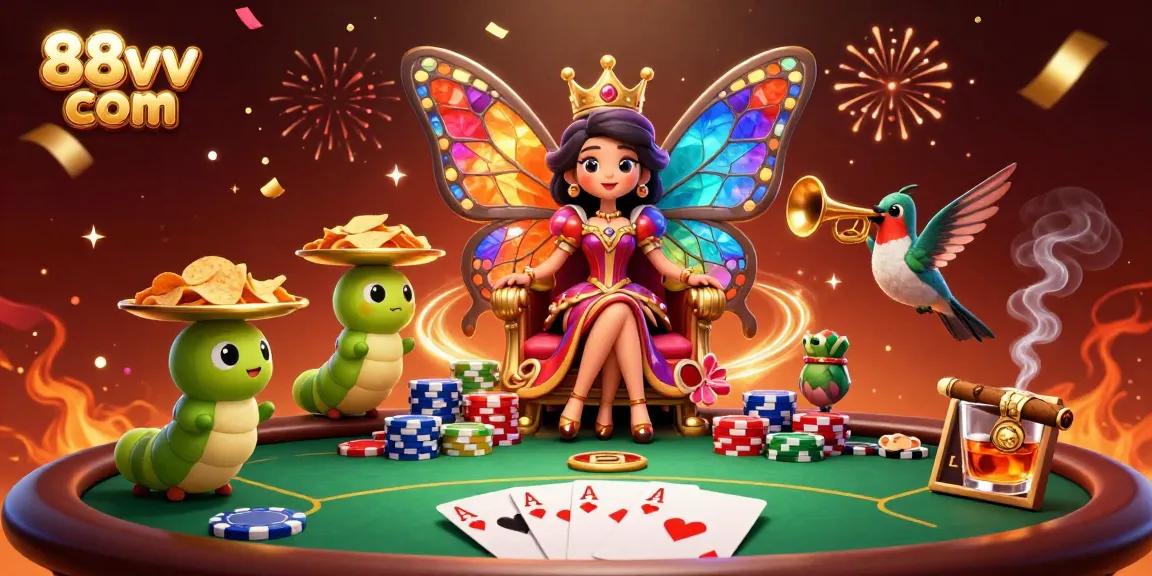 Experience the vibrant casino scene with 88vv com featuring a butterfly queen surrounded by poker elements.