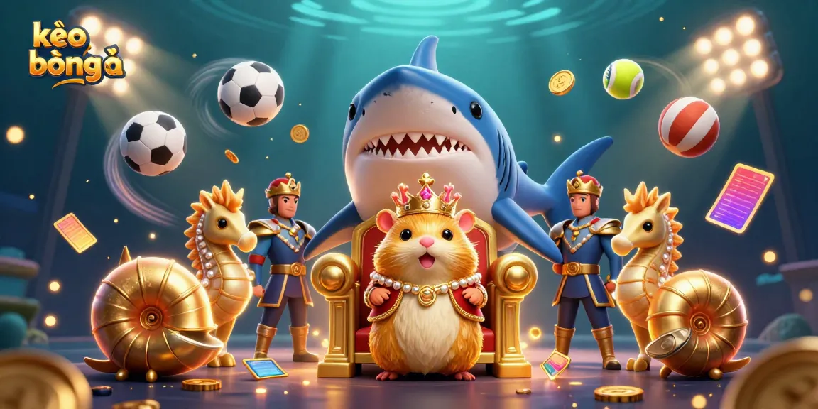 Engage in kèo bóng đá with a golden hamster king, sports balls, and vibrant betting elements.
