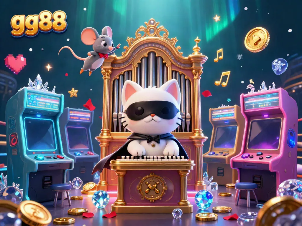 Experience the enchanting gg88 casino atmosphere with a whimsical cat and mouse pair amid floating musical notes.